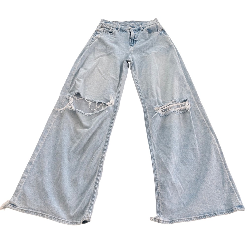 American Eagle Wide Leg Jeans Womens 00 Light Wash Ripped Distressed High Rise